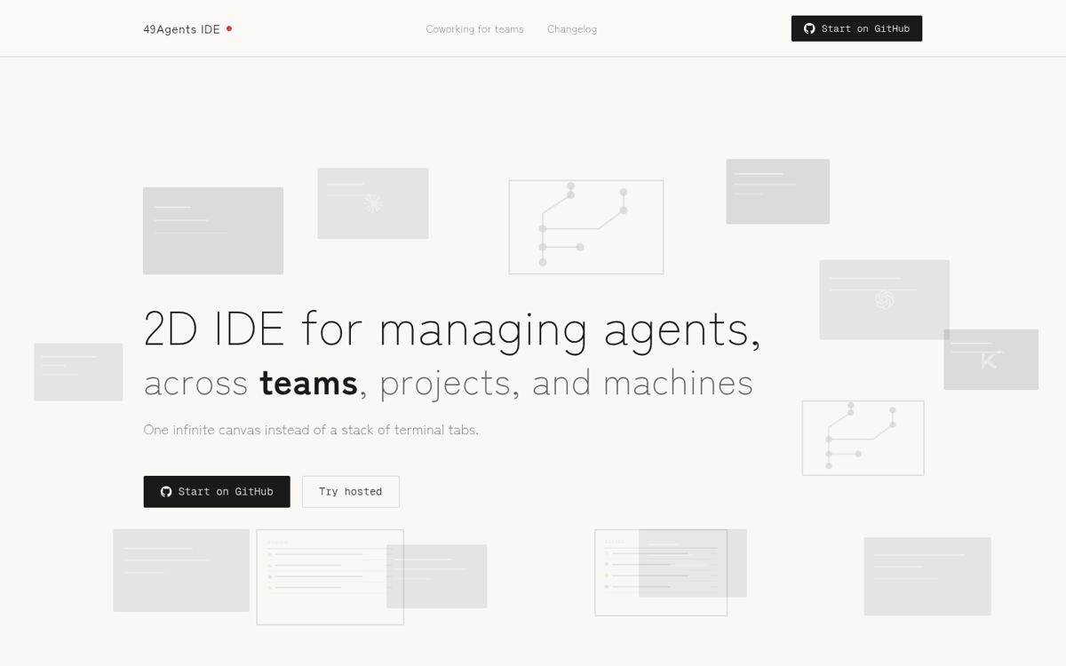 49Agents homepage: a 2D canvas IDE for managing coding agents