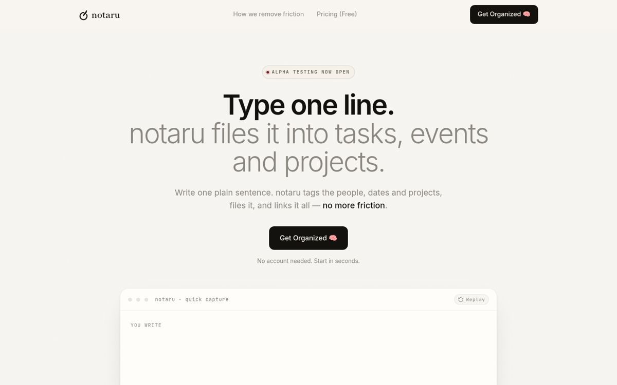 notaru homepage: type one line and it files into tasks, events and projects