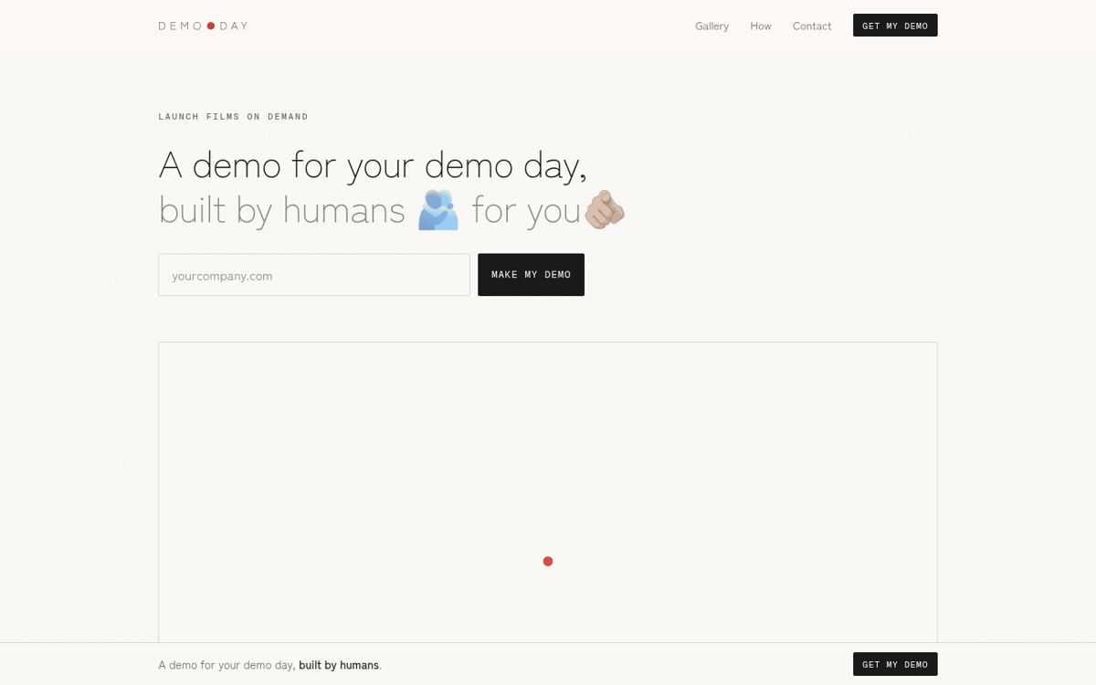 demoday homepage: launch films built around a product website